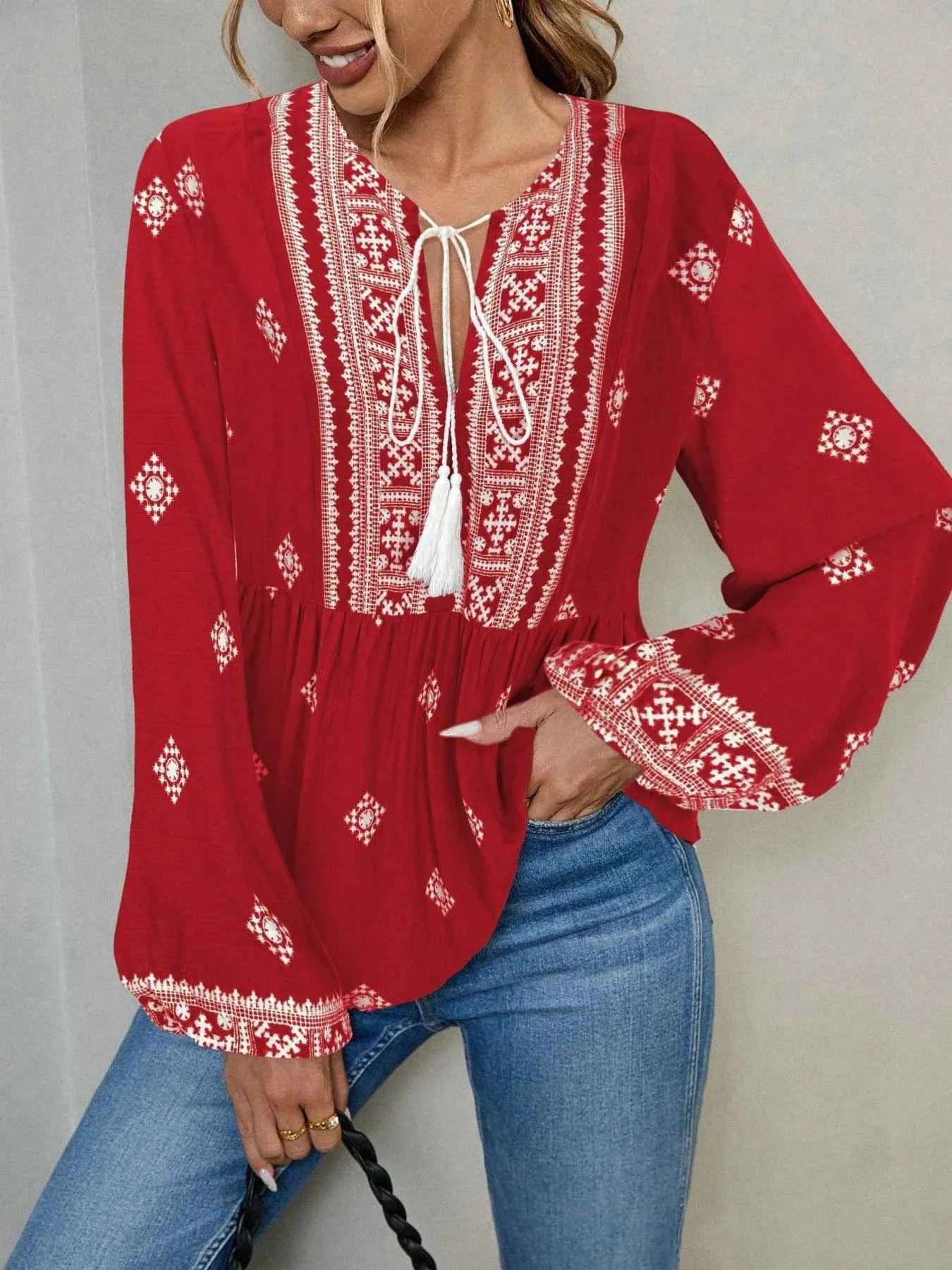 Tie Front Long Sleeve Blouse Red 67effb22607a48e58fae84a6714699d2-Max-Origin