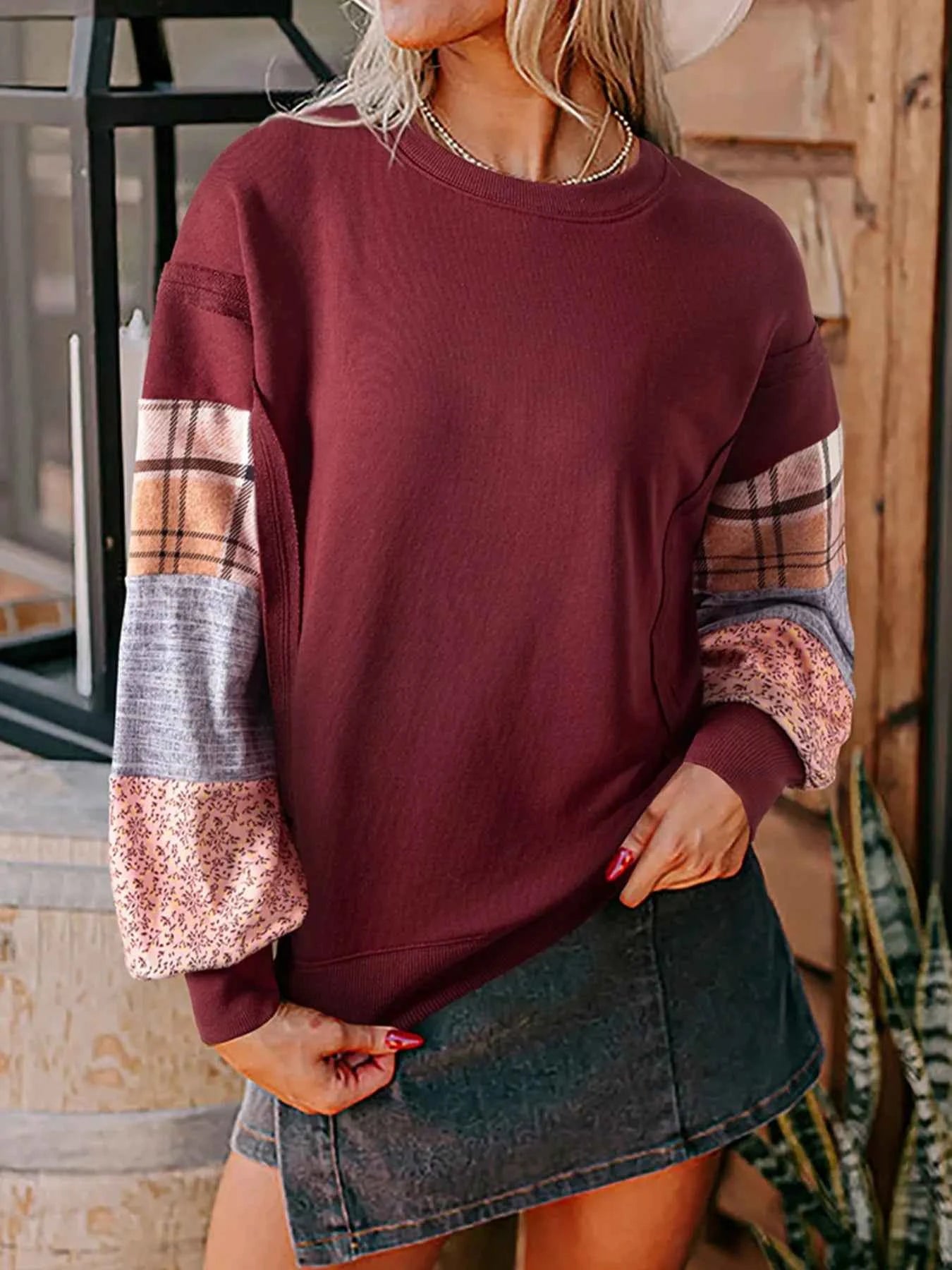Multi-Pattern Long Sleeve Sweatshirt Burgundy 67f08614-7314-4f93-a77f-6e7d6942123f-Max-Origin