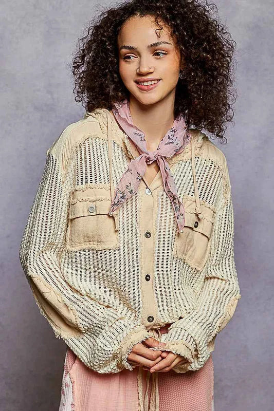POL Texture Woven Button Down Hooded Shirt with Drawstring Hem CREAM MULTI 67f44071-00e4-4a41-9e97-dcdb935a0ca9-Max-Origin