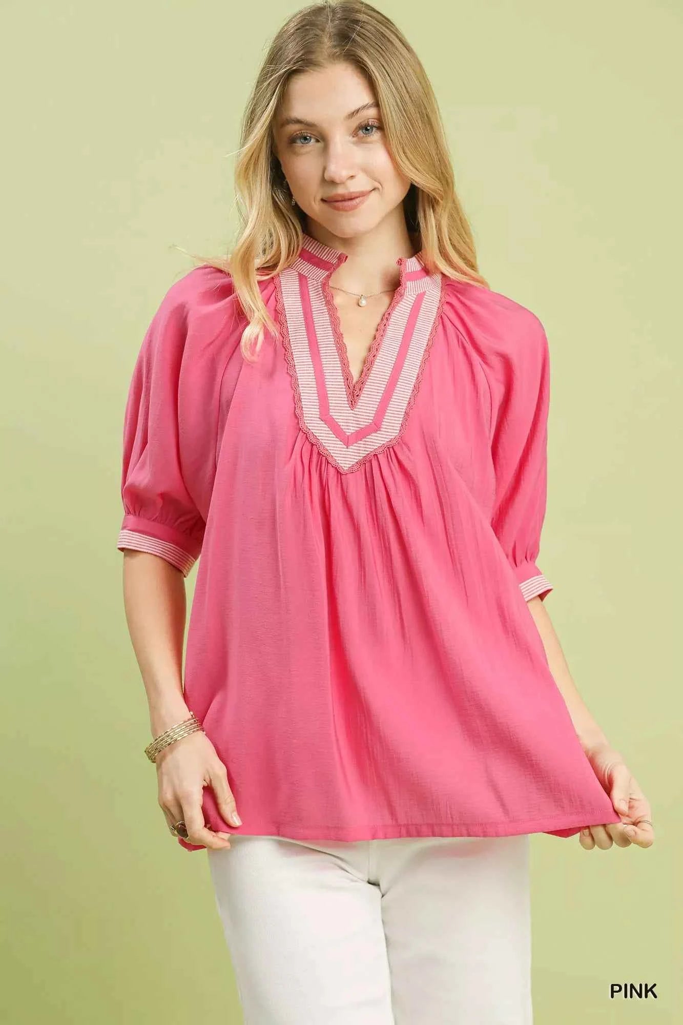Umgee Solid Contrast Trim Pleated Top PINK 67f6aac5-8f2d-4fb8-89fe-69e4d4477926-Max-Origin