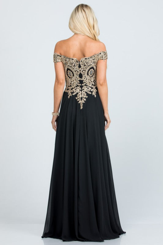 Off Shoulder Evening Gown – Gold Lace Appliqué Chiffon Dress for Women 67fa6413-3476-4ed2-b683-405a75a224a4