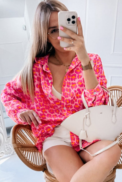 Rose Leopard Print Button-Up Crinkle Shirt