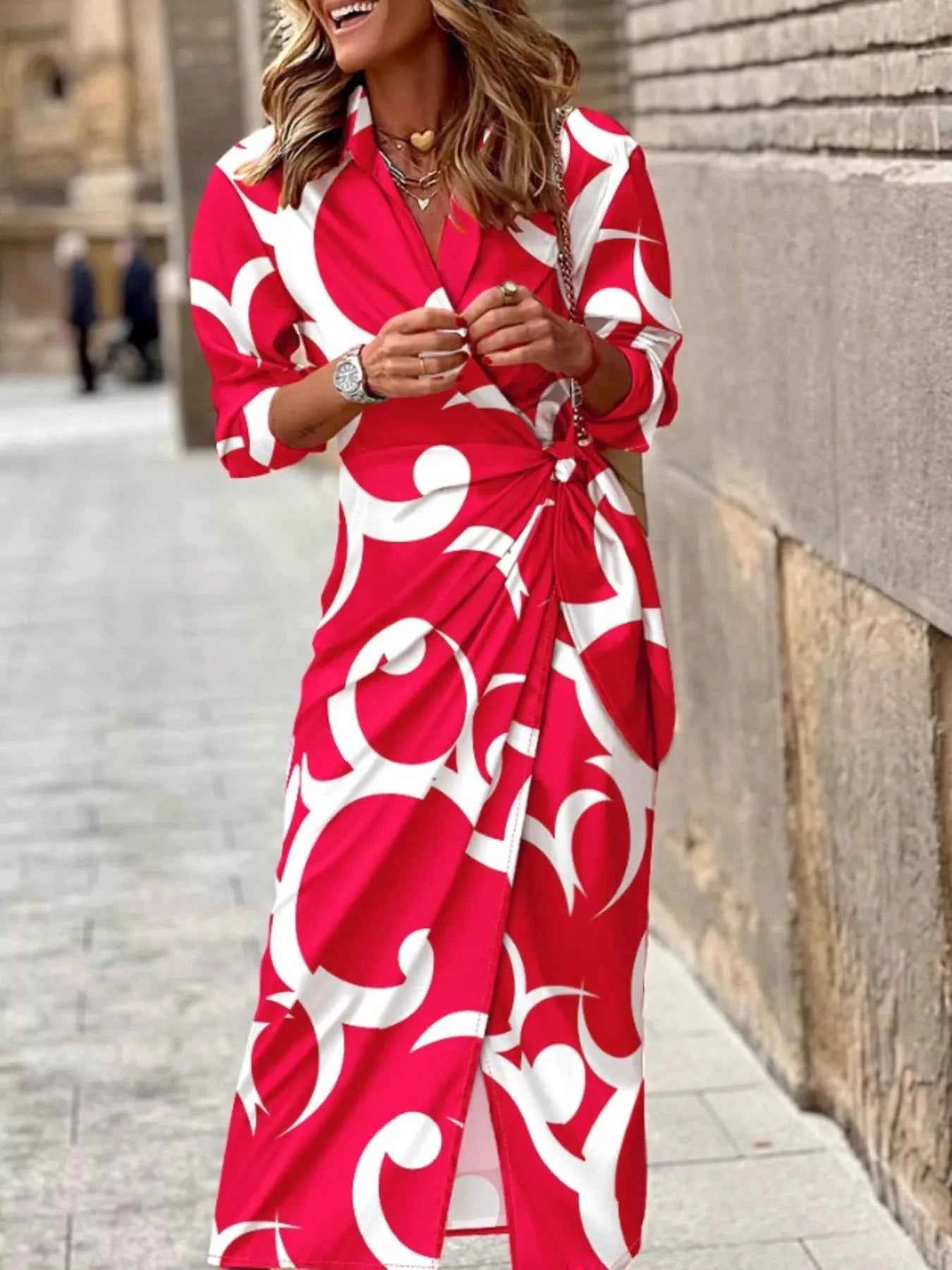 Printed Collared Neck Shirt Dress Red 6805c56f6ca44f2f9df6d3af6eae80c5-Max-Origin