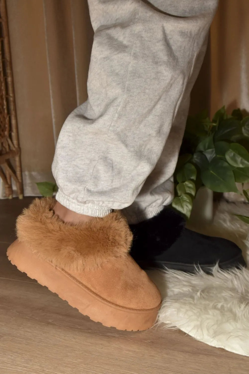 WILD DIVA Faux-Fur Platform Slip On Booties Camel 680bdc33-cf4a-4cca-ab29-81b1b86acd72-Max