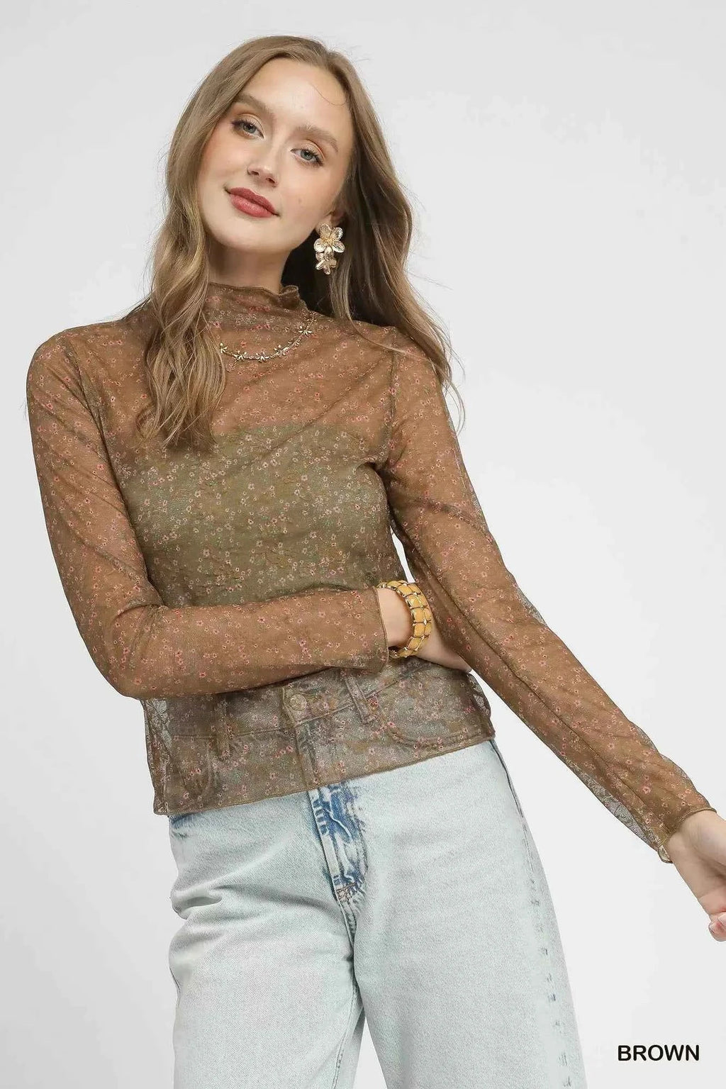 Umgee Nylon Lace Mesh Long Sleeve Top Brown 6811a858-df23-496e-aa65-ef5d6a7f5fb0-Max-Origin