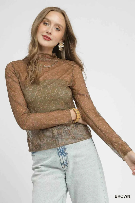 Umgee Nylon Lace Mesh Long Sleeve Top Brown 6811a858-df23-496e-aa65-ef5d6a7f5fb0-Max-Origin