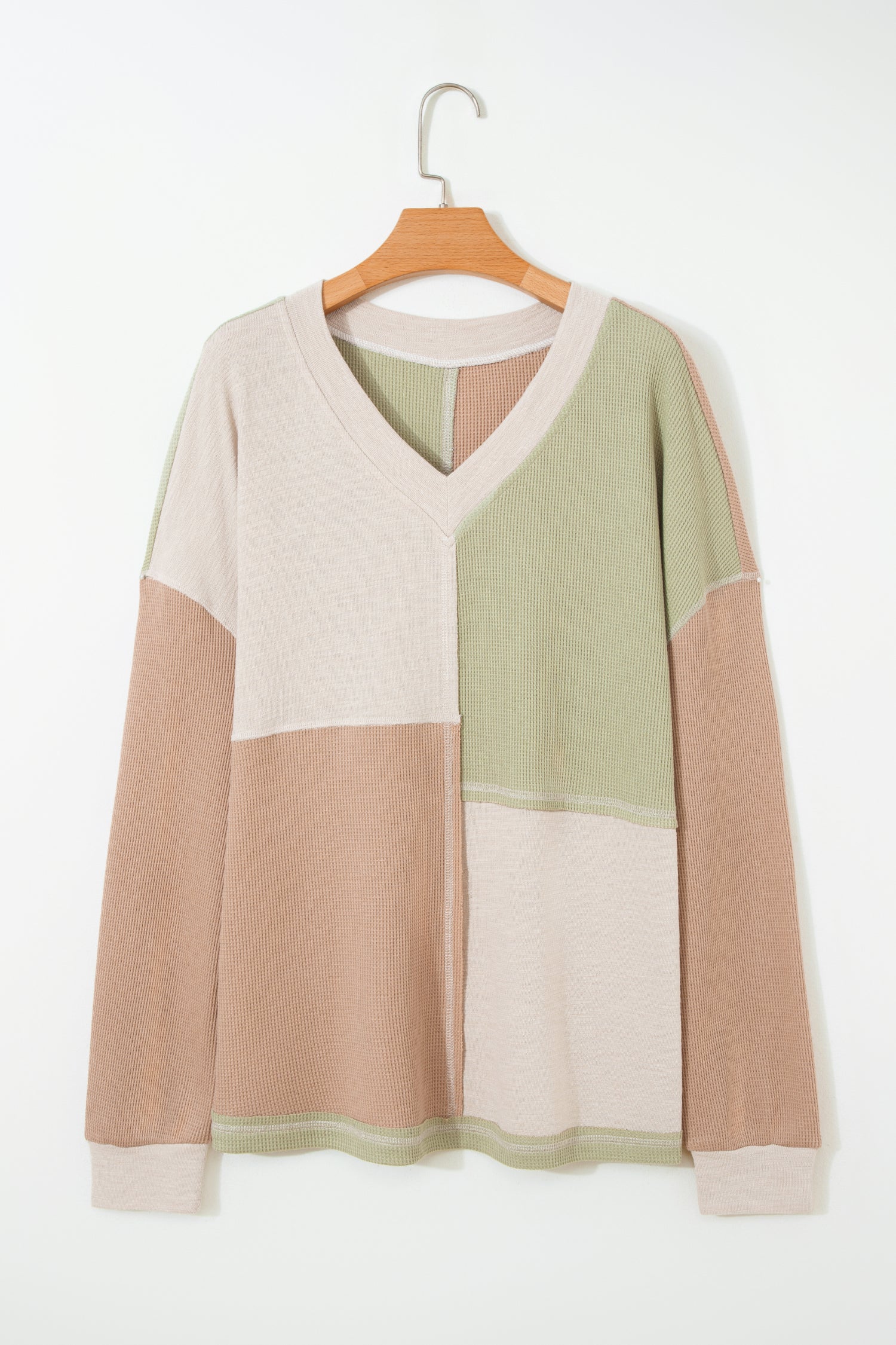 Green Plus Mixed Texture Color Block Patchwork V Neck Long Sleeve Top 681784ef81968e67