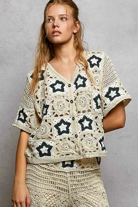 POL Button Front V-Neck Crochet Cardigan with Contast Star NATURAL INDIGO One Size 6817a15b-f4bc-4097-9bda-0fc98a5c2986-Max-Origin