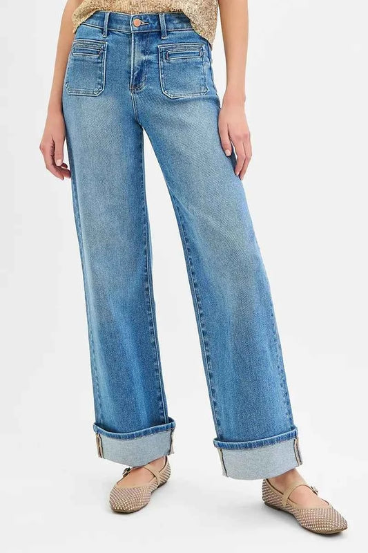 Full Size Elastic Band Mid Rise Wide Front Patch Pocket Cuff Jeans Plus Size 6819d89d27c941b7b2054754a1a5acb7-Max-Origin