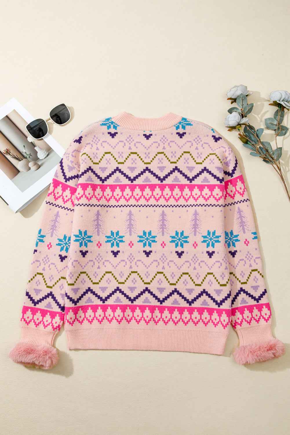 Multicolour Ethnic Christmas Pattern Knit Feather Cuffed Sweater 681f92e0d8464367