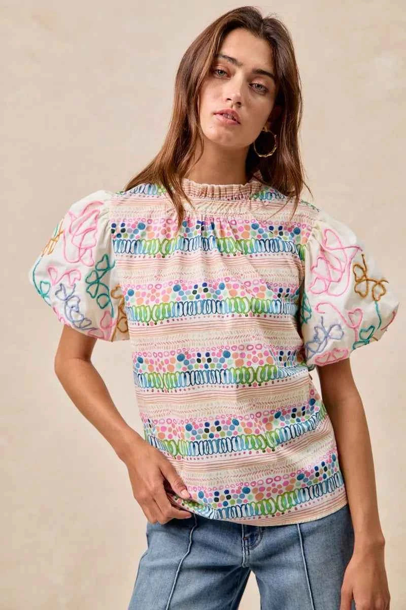 BiBi Ruffle Neckline Blouse With Embroidery Bubble Sleeve 68226b18c84f4a7384bdbdc28b36402a-Max-Origin