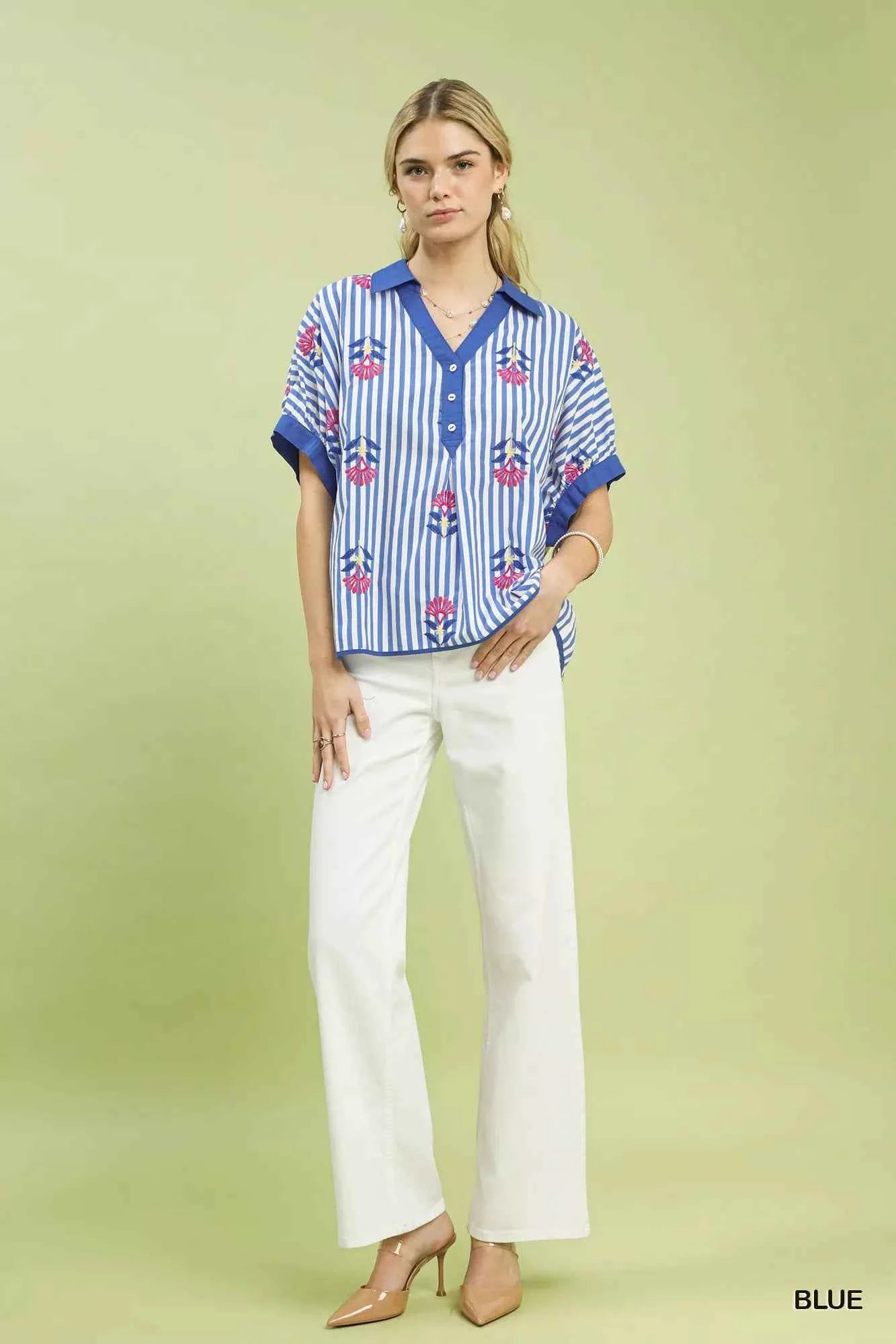 Umgee Stripe Embroidered Button-Front Boho Blouse 68237c4b-14ca-499f-abf7-ba7d935e5b34-Max-Origin