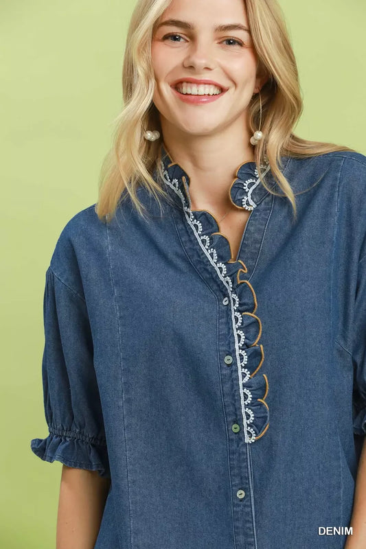Chambray Scalloped Trim Button Front Blouse 6824aa6f-f7bc-490f-b047-5929b708e727-Max-Origin