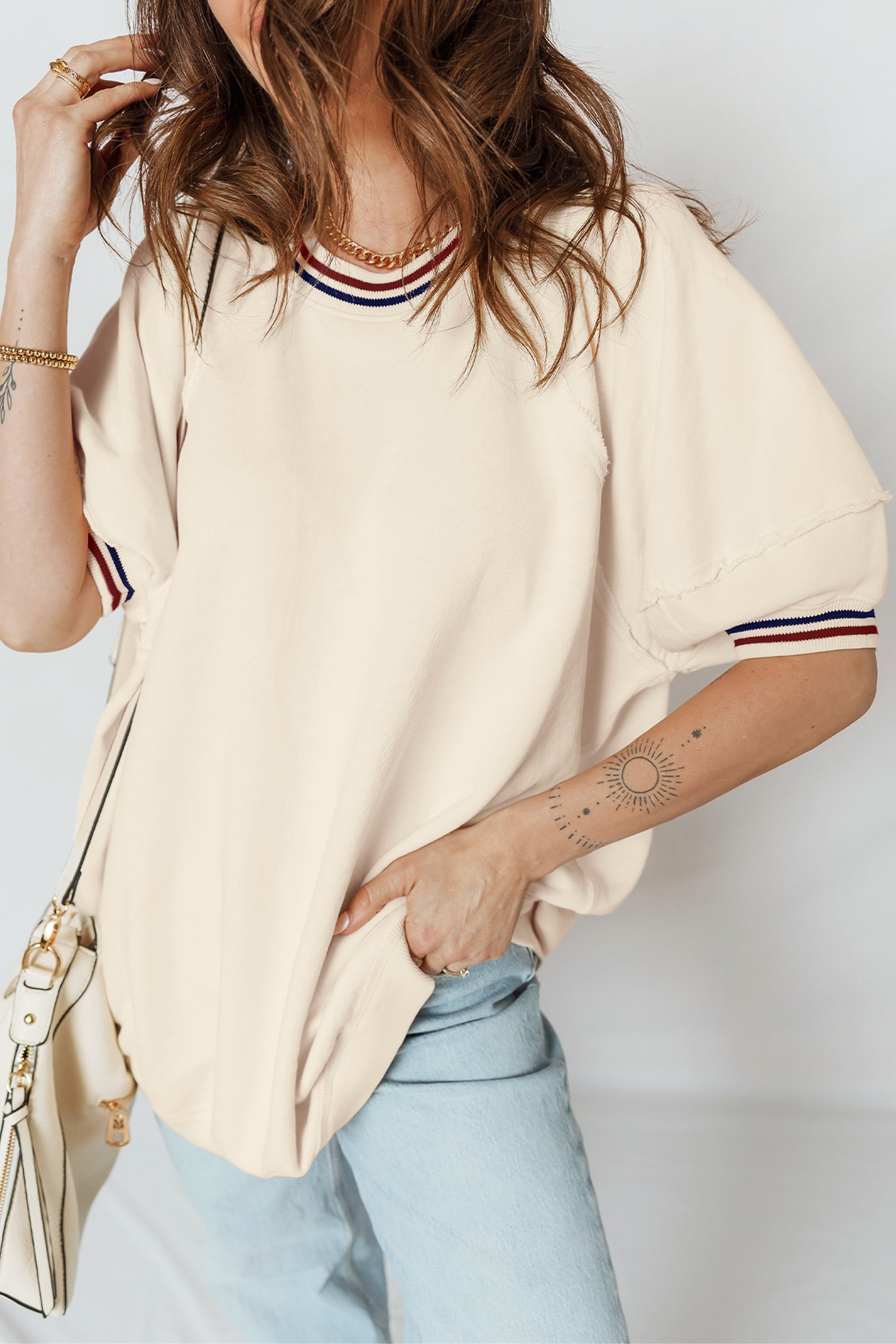 Beige Contrast Varsity Striped Neckline Cuffed Short Sleeve Loose Tunic Top 6824ec8b4a95f4ac