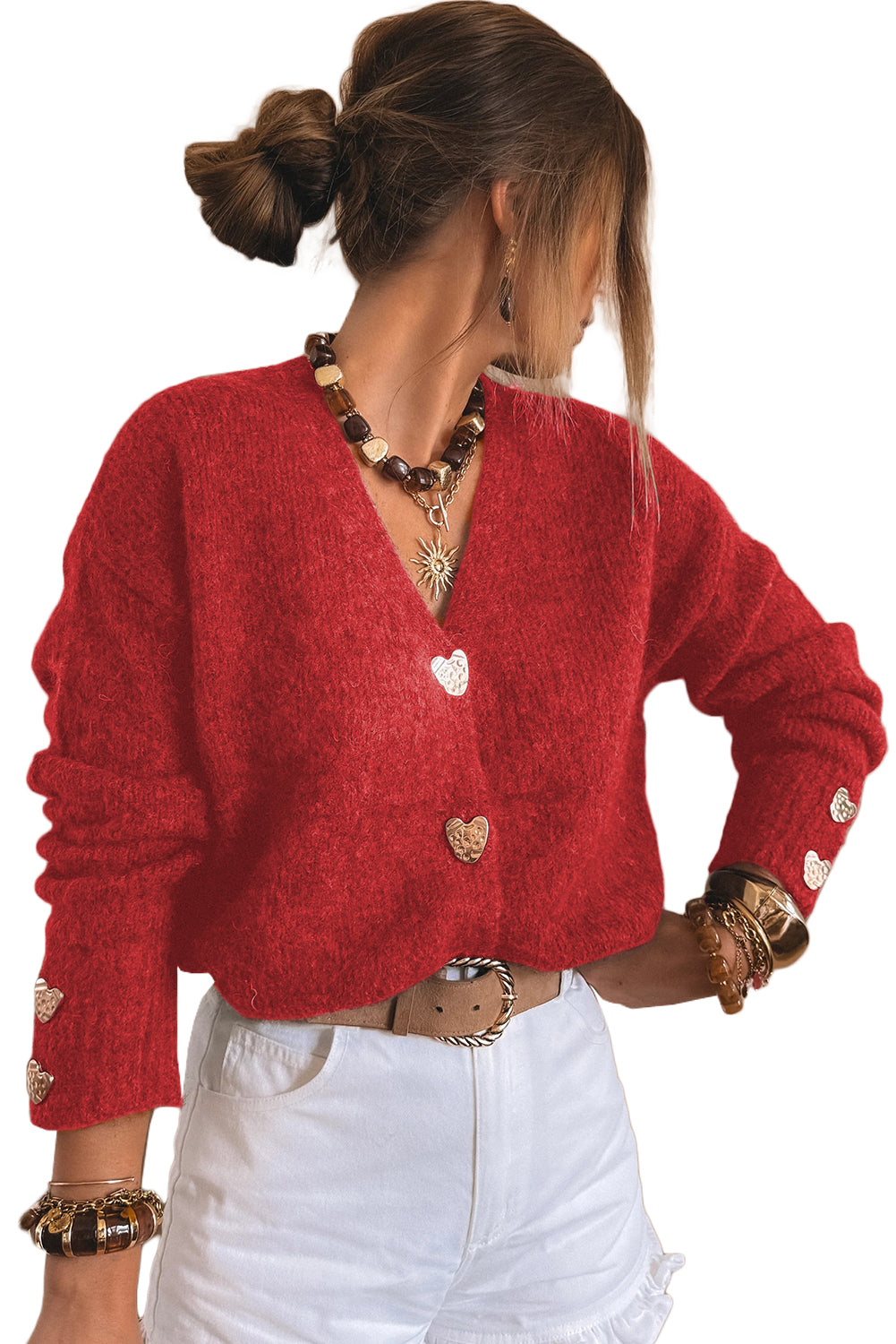 Fiery Red Heart Metal Button V Neck Cardigan Sweater 68258a17815aa4de