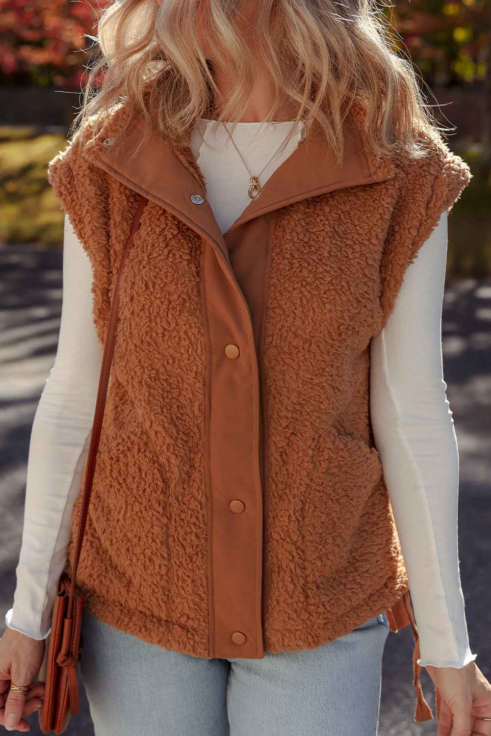 Beige Faux Fur Snap Button Front Knot Side Plush Vest 6828c31cc8d5306f