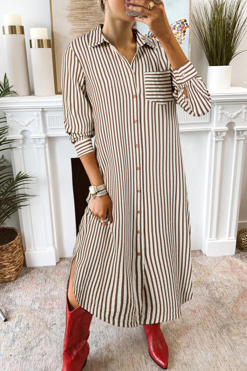 Brown Stripe Textured 3/4 Sleeve Round Hem Split Midi Shirt Dress Brown Stripe 50%Polyester+50%Viscose 682960af419e0981