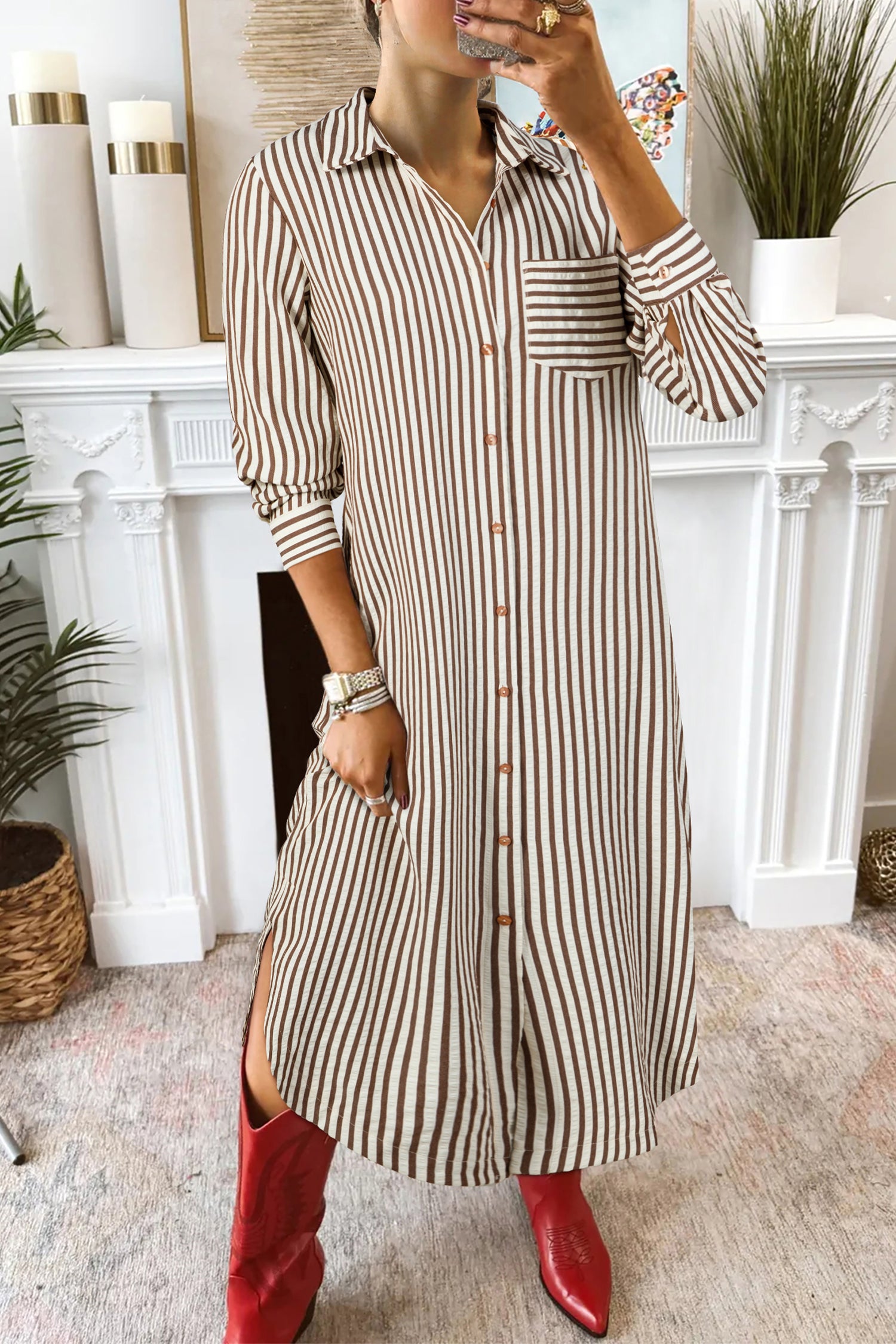 Brown Stripe Textured 3/4 Sleeve Round Hem Split Midi Shirt Dress Brown Stripe 50%Polyester+50%Viscose 682960af419e0981