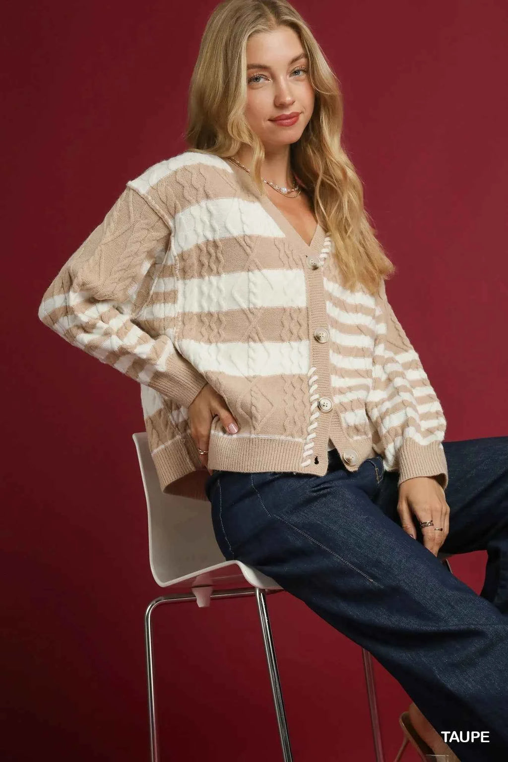 Umgee Cable-Knit Stripe Button-Up Cardigan 682a8222-8a86-4d74-9f80-fb4db003d78f-Max-Origin