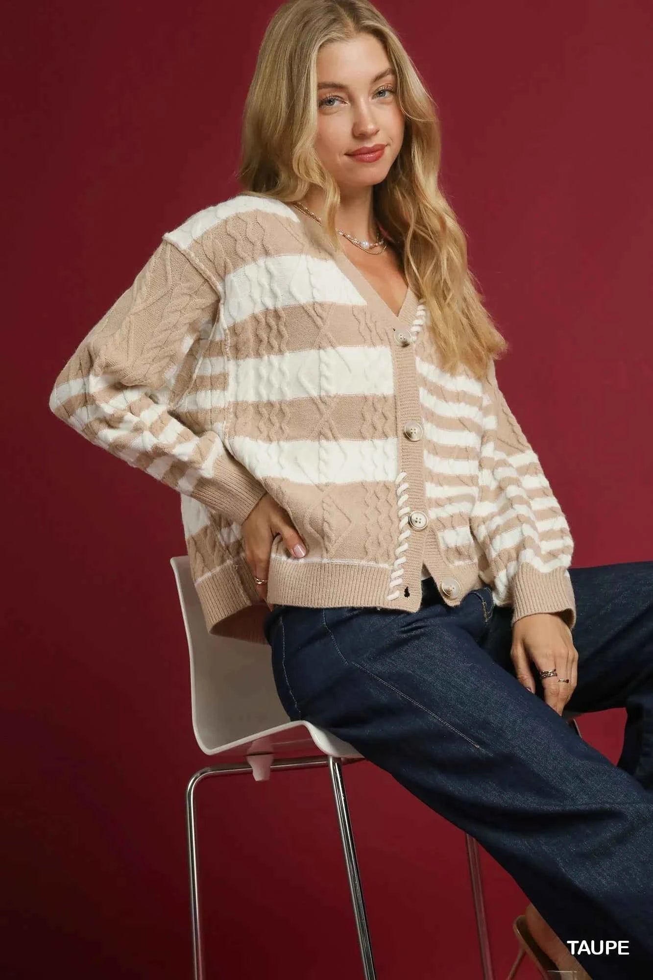 Umgee Cable-Knit Stripe Button-Up Cardigan 682a8222-8a86-4d74-9f80-fb4db003d78f-Max-Origin