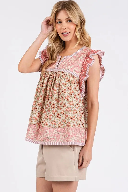 Floral Notched Ruffled Cap Sleeve Blouse 682d8fd1-c160-4421-8249-8d947e4f5c7b-Max