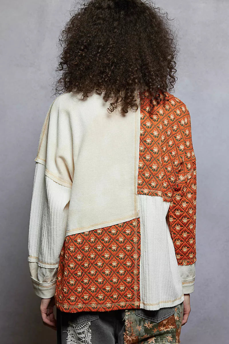 POL Contrast Patchwork Round Neck Long Sleeve Top 682e999a-4c37-47b1-a4ad-e9f133ac84ca-Max-Origin