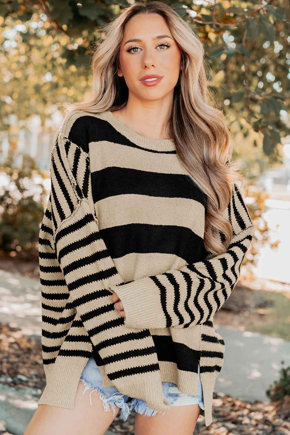Brown Stripe Drop Shoulder Sleeve Patchwork Baggy Sweater 6835a1209550a062