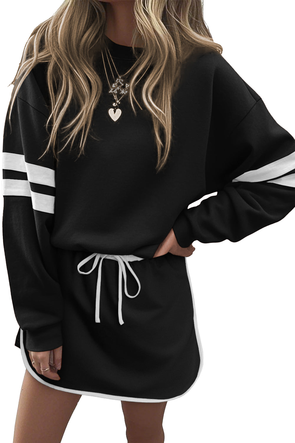 Tillandsia Purple Varsity Stripe Detail Drop Shoulder Pullover Mini Skirt Set 6835e3053285c5c3