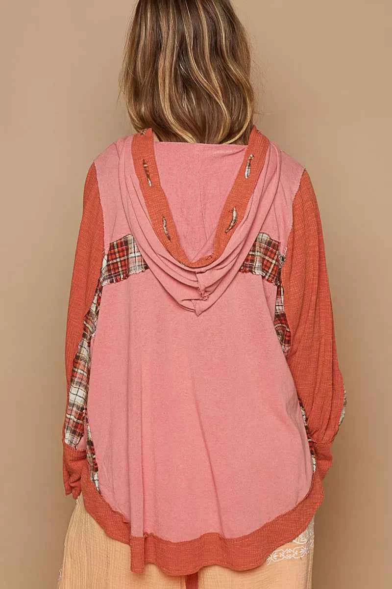 POL Oversized Drawstring Long Sleeve Hoodie with Plaid Detail 683b88d8-47bf-4c82-bcc2-490dca151226-Max-Origin