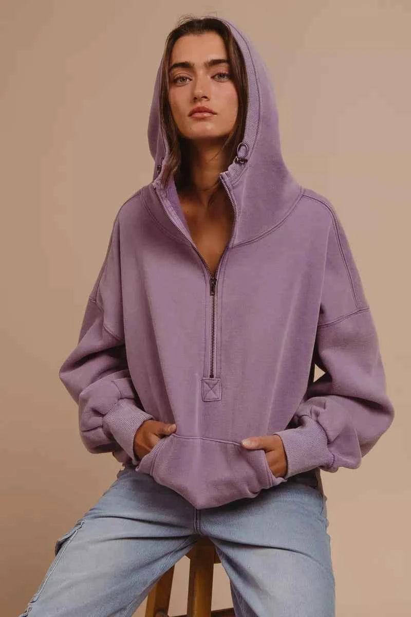 Stitch Detailed Elastic Hem Half Zip Fleece Hoodie 683b8d69-43a4-4e64-a097-85baaac00a7c-Max-Origin