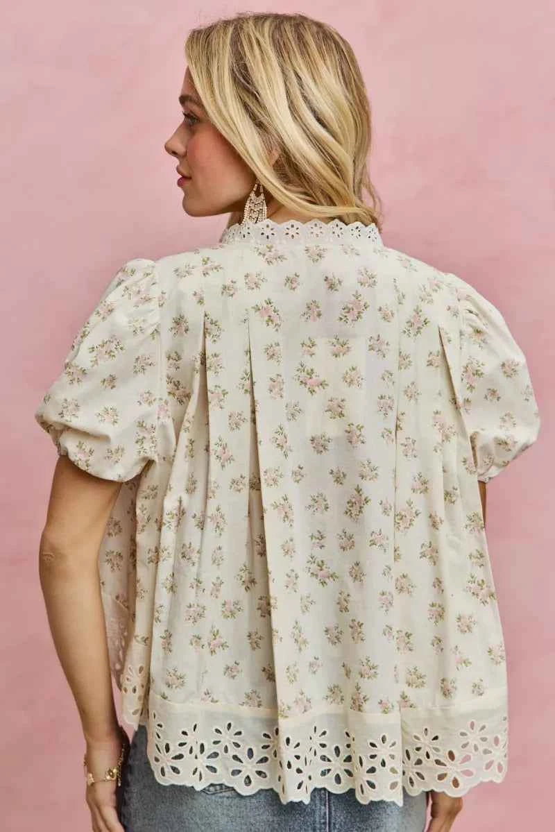 SO ME Floral Print Lace Trim Short Sleeves Blouse 683cc7636f8e45f2a17269fc64e3f120-Max-Origin