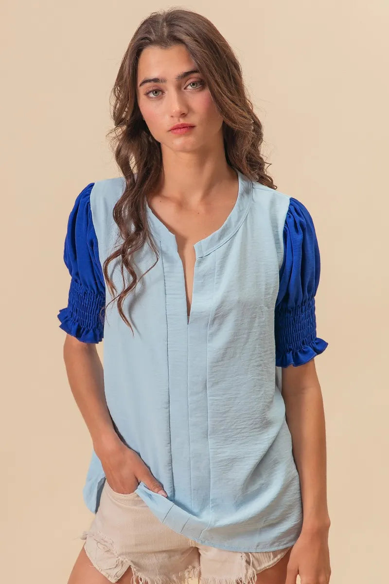 BiBi Air Flow Color Block Puff Sleeves V Neck Top 683d28c5e776487aa18362e5c646e8f3-Max-Origin