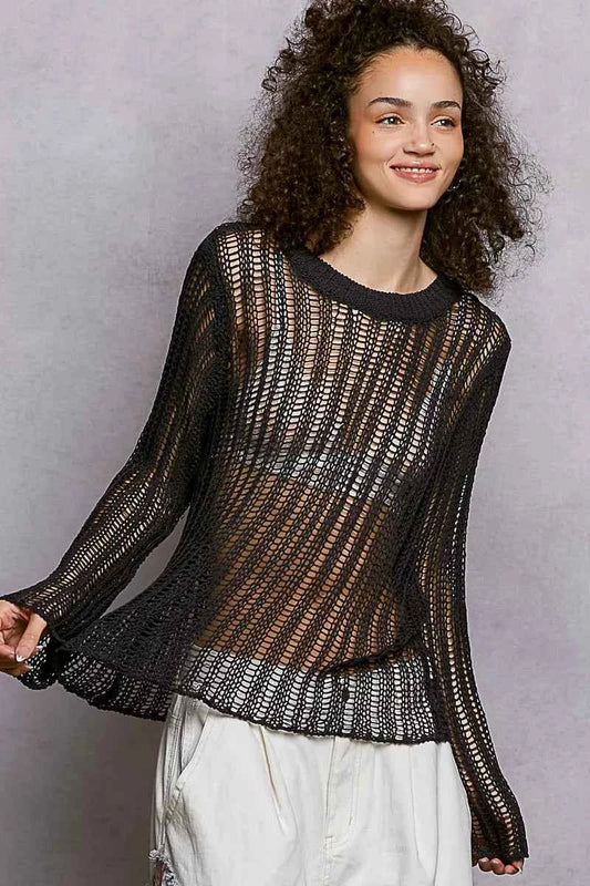 POL Openwork Round Neck Knit Cover Up CHARCOAL 68406f14-dbb3-48fb-b5f6-e130ced7ed08-Max-Origin