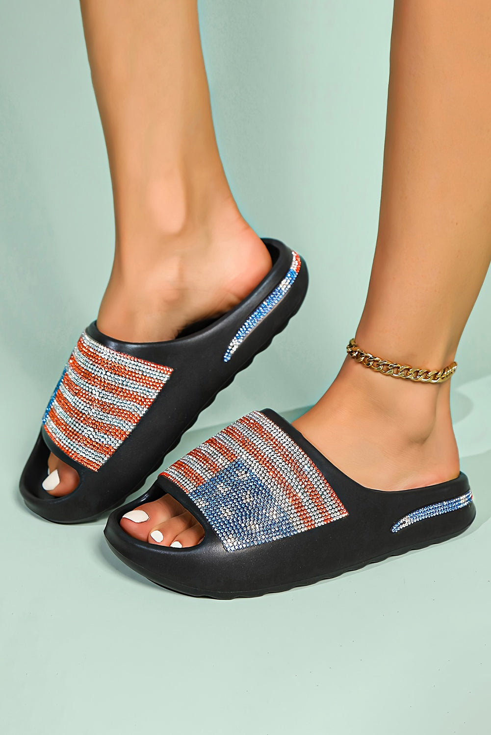 Black Rhinestone American Flag Thick Sole Slides Shoes 6841517f835fa3f4