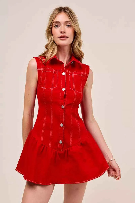 Button Down Sleeveless Collared Game Day Mini Dress RED 68424c75c4f74be6be6bdcdeac4102de-Max-Origin