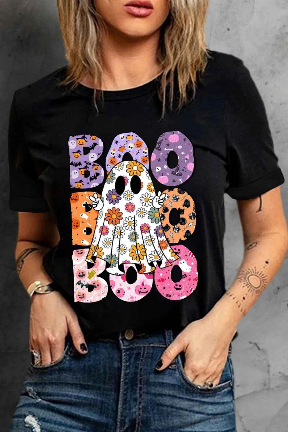 BOO Ghost Graphic Round Neck Short Sleeve T-Shirt 6843ca34-0150-4185-810b-16d117995cbc-Max