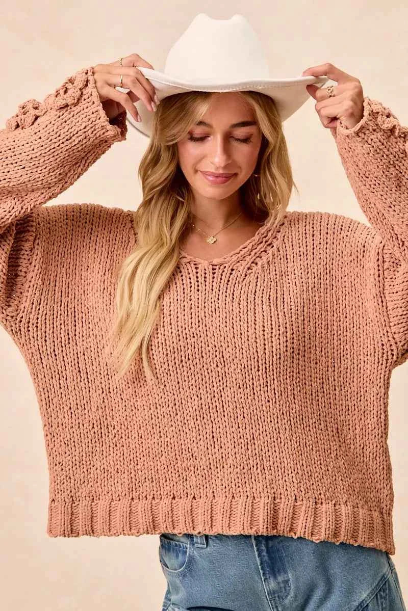 BiBi Chunky Knit Sweater with Flower Detail Sleeves 6847023d8f9e43d0a2d1820ad40d3287-Max-Origin