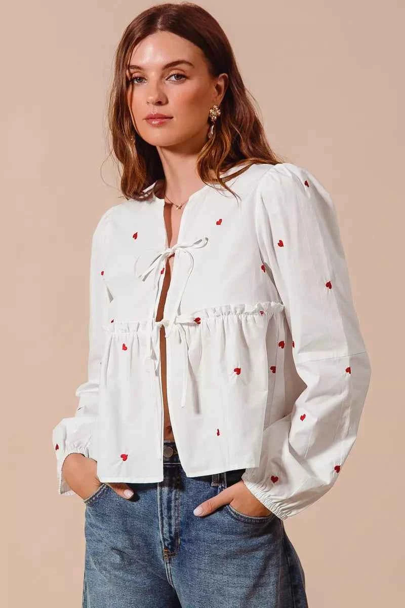 SO ME Front Tie Heart Embroidered Blouse With Puff Sleeve 684b93aaa8f74277b746f6fdcf80bd21-Max-Origin