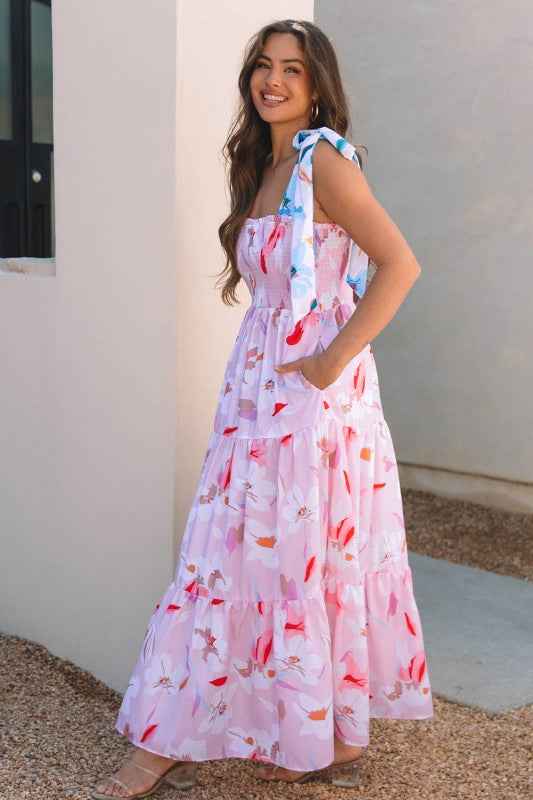 Floral Knotted Shoulder Smocked Maxi Dress 684fa3d9-e78c-40b4-8c27-6c2af8dee502