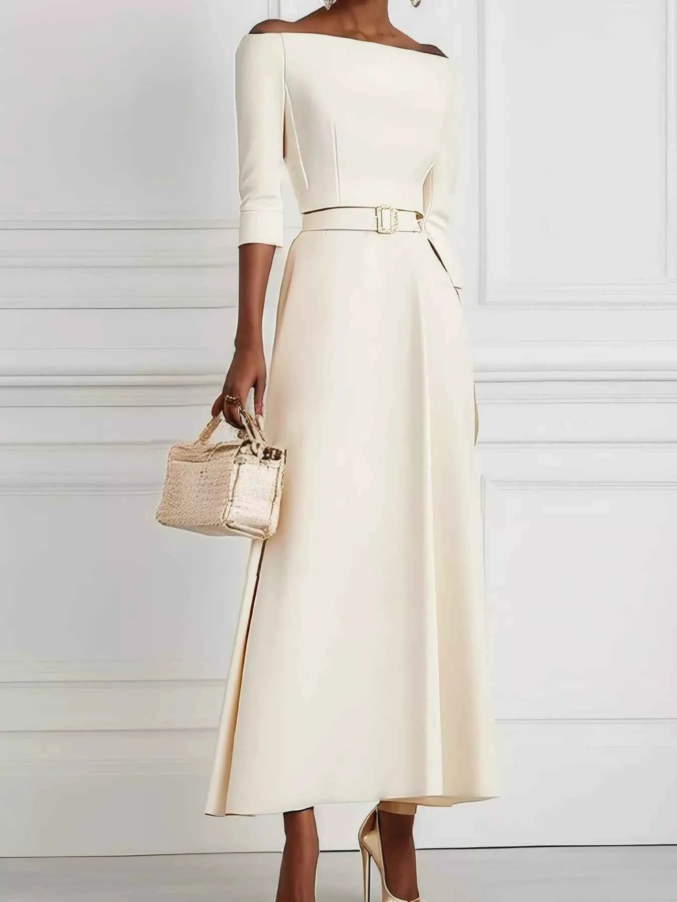 Elegant Off-Shoulder Belted Maxi Dress Off-white 6850fd9947af421c964c6ae2eb040d78-Max-Origin