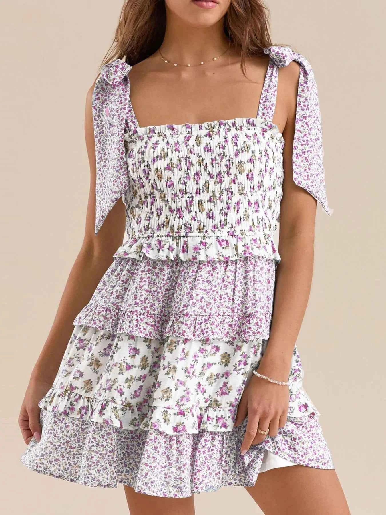 Floral Smocked Tie-Shoulder Summer Dress Lavender 685103ad-12a9-4b02-a7bb-fd9ab2a099dd-Max-Origin