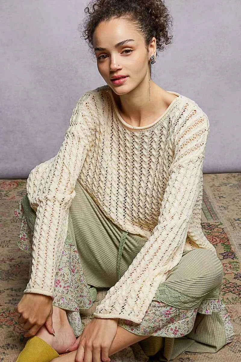 POL Openwork Round Neck Knit Top with Shiny Detail 68515c19-f8f2-41e8-9d69-be0243044272-Max-Origin