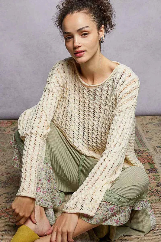 POL Openwork Round Neck Knit Top with Shiny Detail 68515c19-f8f2-41e8-9d69-be0243044272-Max-Origin