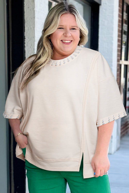 Beige Pearl Decor Crew Neck Half Sleeve Plus Size T Shirt 685439ec637315d7