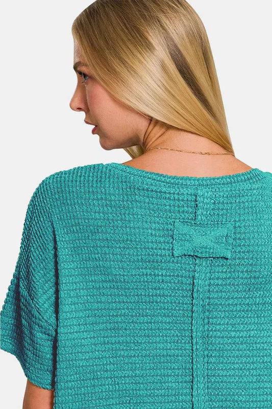 Zenana Drop Shoulder Short Sleeve Jacquard Knit Top 68544522-3047-425a-b464-5455281b1c7c-Max