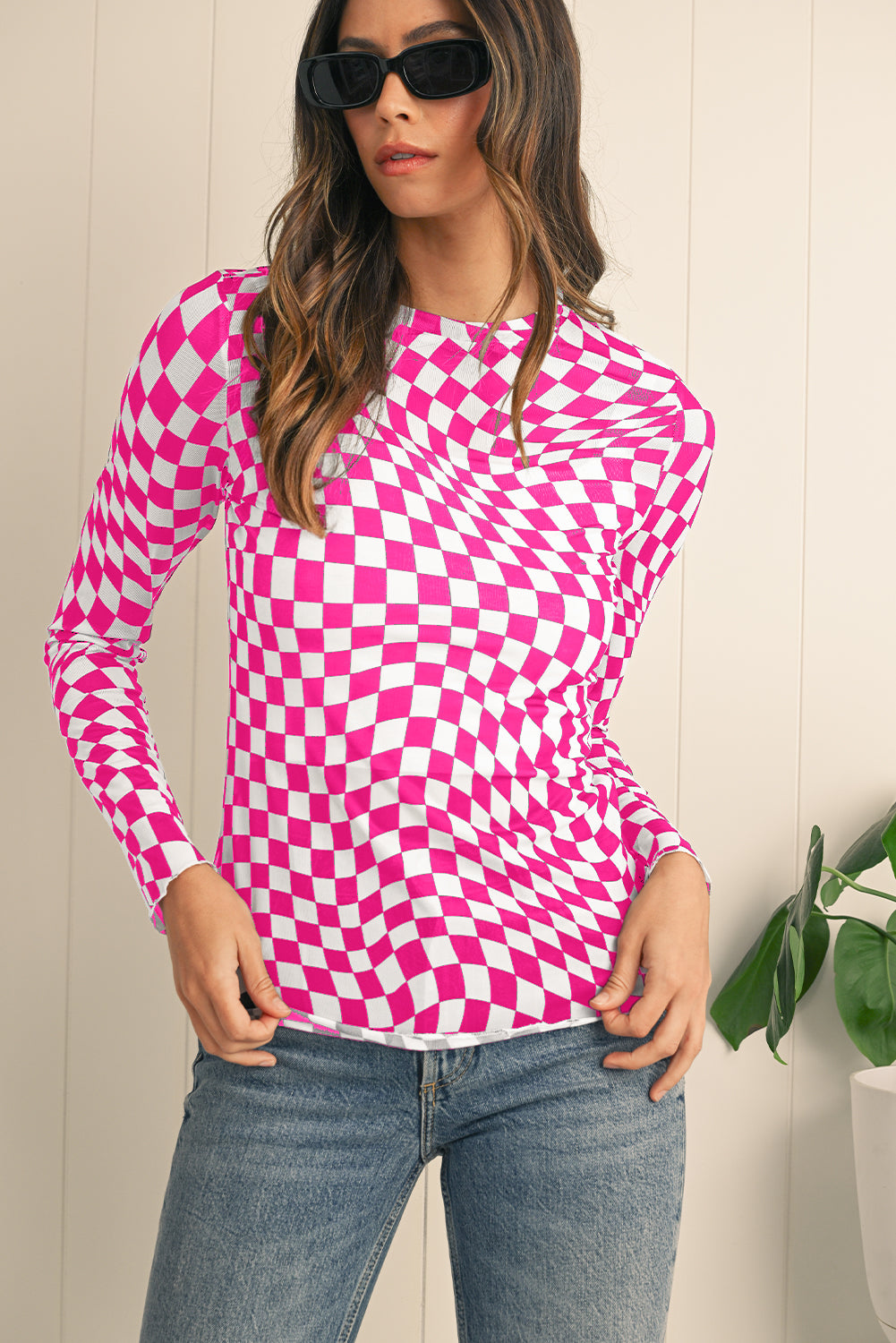 Black Checkered Pattern Mesh Long Sleeve Top 685487466f7c5115