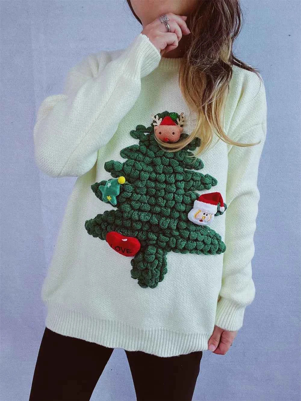 Christmas Tree Round Neck Long Sleeve Sweater White One Size 68552ad4-8680-4a2d-88b7-b8bfb9a62799-Max