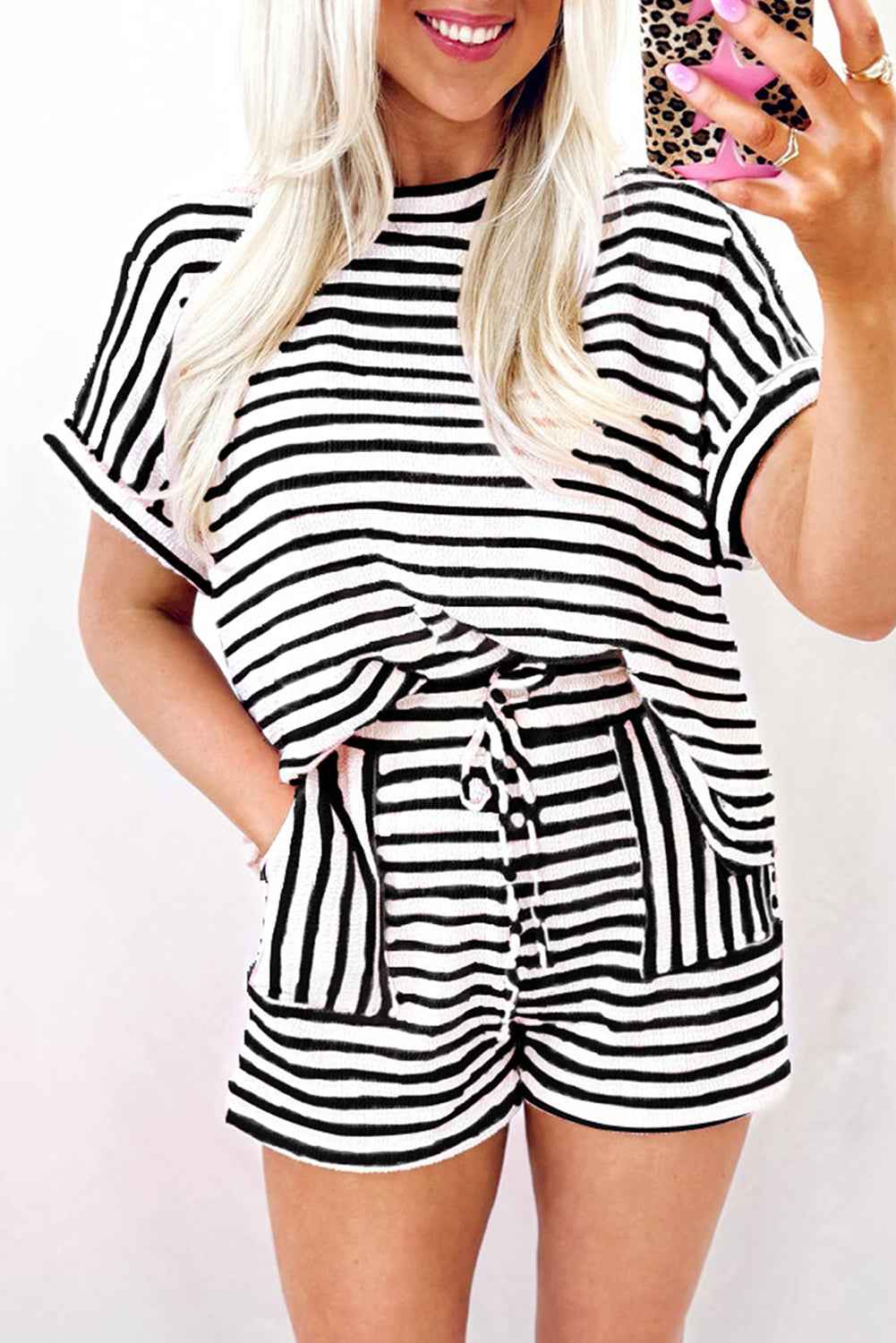 Sky Blue Striped Print Short Sleeve Top and Pocket Shorts Set 685eefe29b665ca4