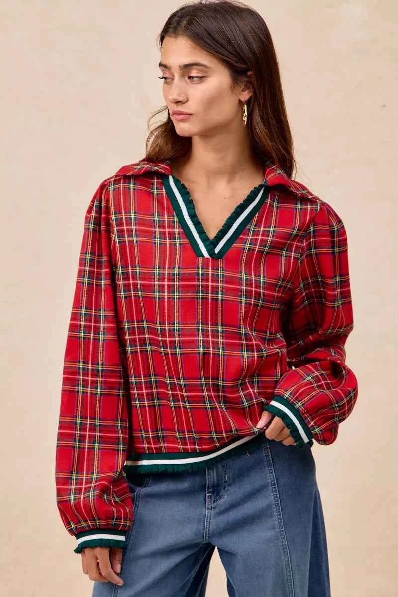 BiBi Christmas Plaid Collared Top with Ruffled Detail 685f610c5bf14f9588548cd1be34f96e-Max-Origin