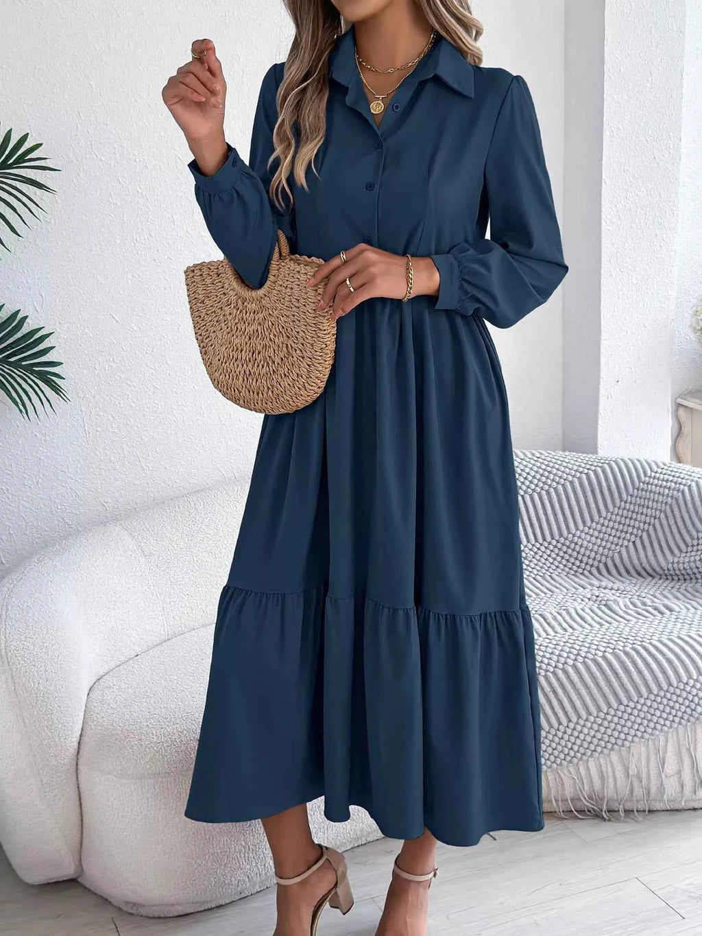 Long Sleeve Tiered Button Front Midi Dress 6860e82853634db592ce4cf3915a435a-Max-Origin